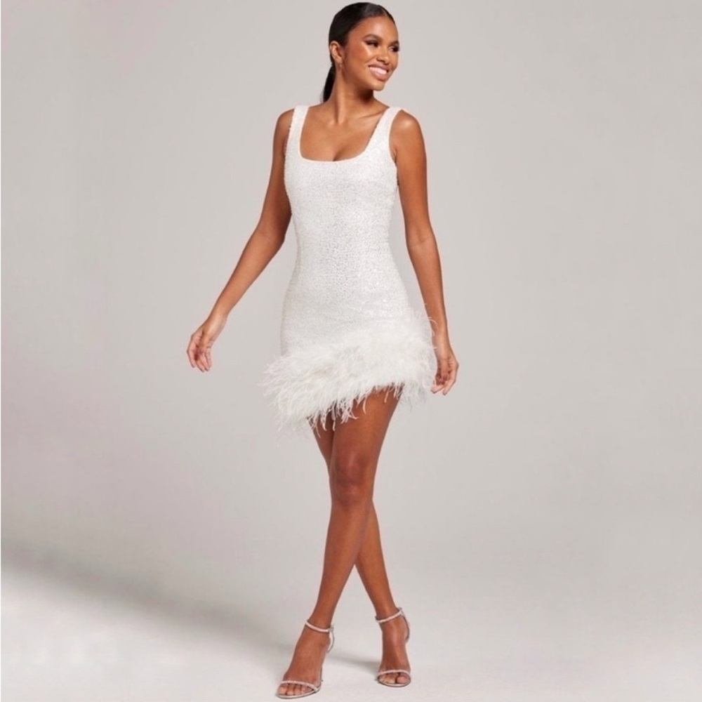 Nadine Merabi ‘Evie’ White Sequin Feather Mini Dress